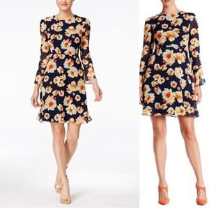 Betsey‎ Johnson Navy Blue & White Floral Print Chiffon Fit & Flare Dress Size 6